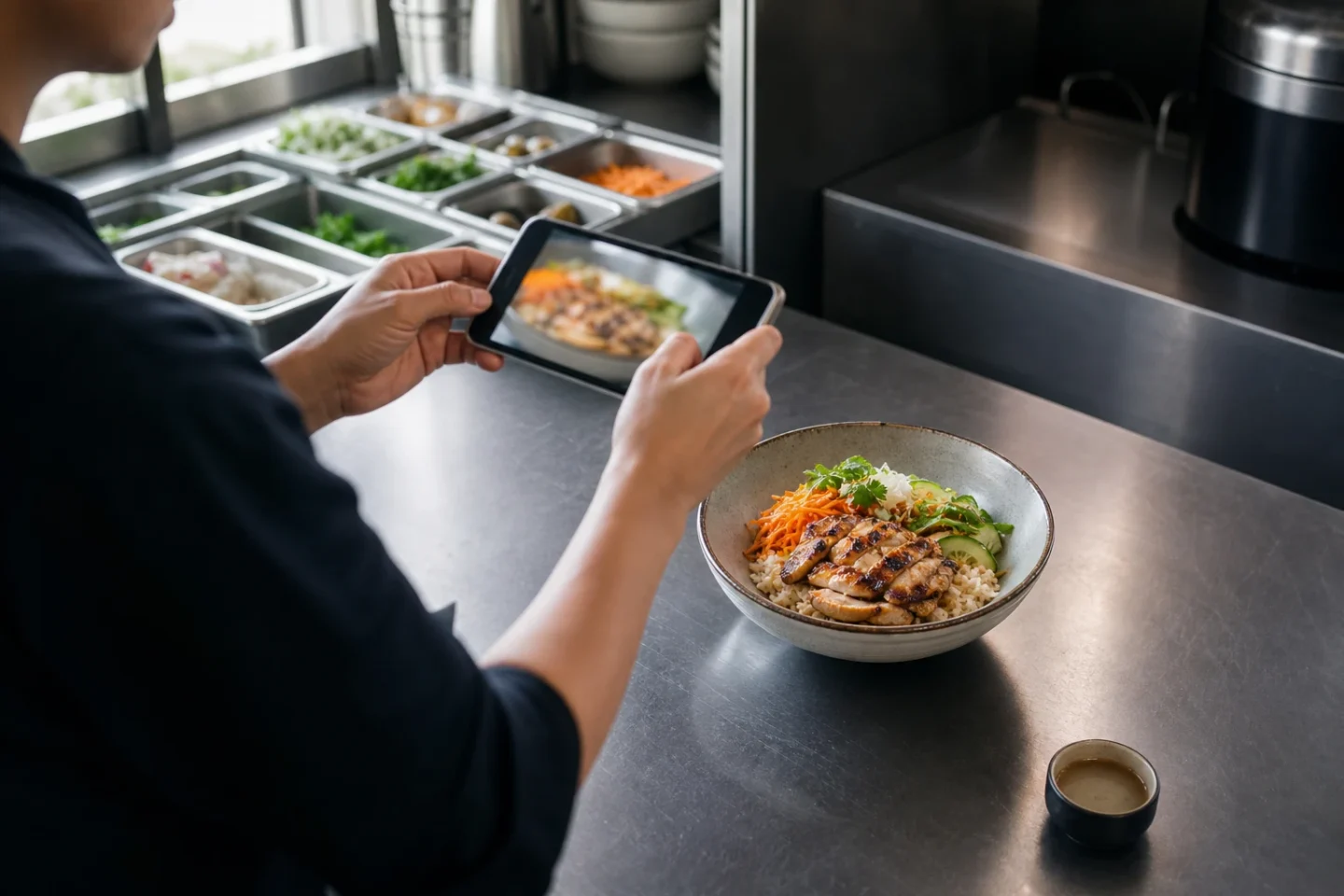 A plated dish prepared for a restaurant menu photograph in a working kitchen.