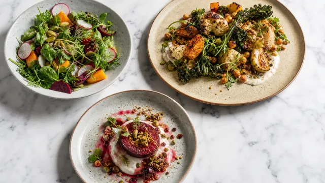 Several distinct dishes arranged as a coordinated menu spread.