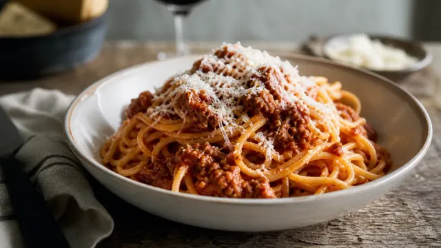 Pasta with sauce and grated cheese in window light.