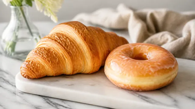 A croissant and glazed doughnut on a pale table.