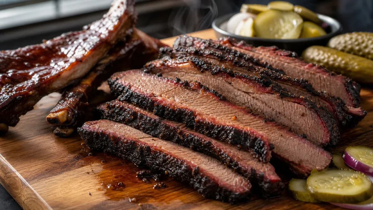 Sliced smoked meat with a dark barbecue glaze.