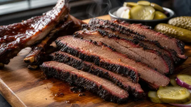 Sliced smoked meat with a dark barbecue glaze.
