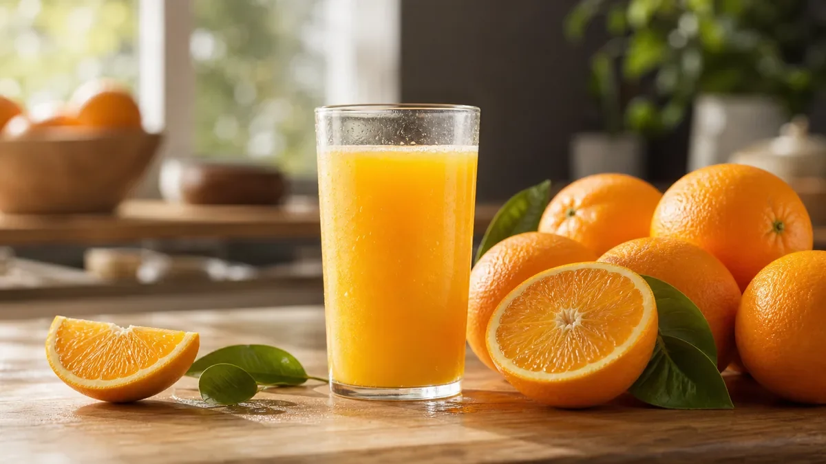 A glass of orange juice beside fresh oranges.