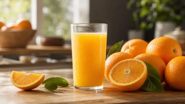 A glass of orange juice beside fresh oranges.
