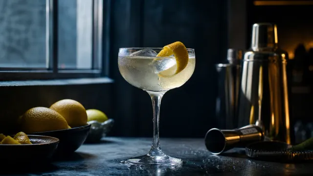 A pale cocktail in a stemmed glass beside bar tools.