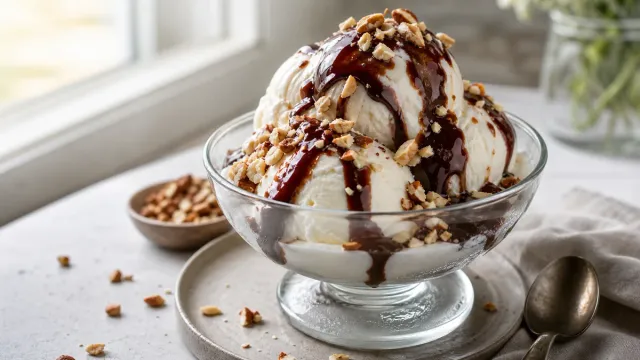 An ice cream sundae with chocolate sauce.