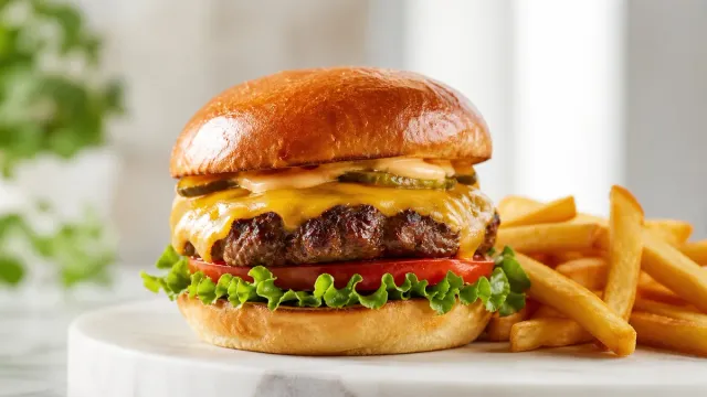 A cheeseburger and fries in natural light.