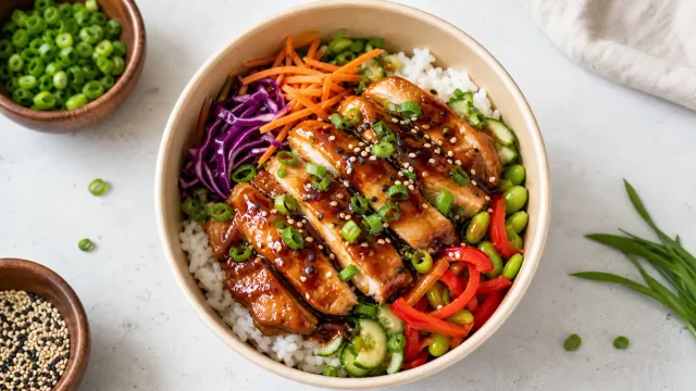 Glazed chicken with vegetables in a colorful bowl.
