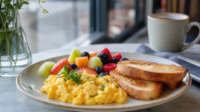 A breakfast plate with eggs, toast and fruit.