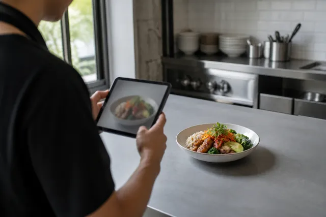 A plated dish prepared for a restaurant menu photograph in a working kitchen.