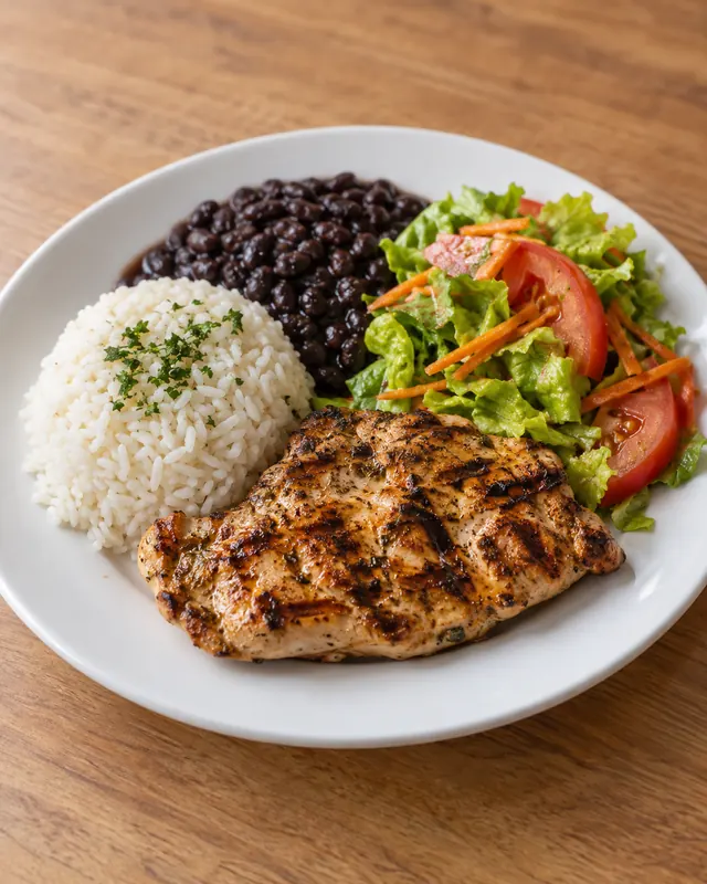 Generated menu-ready lunch combo with chicken, rice and salad on plain wood table