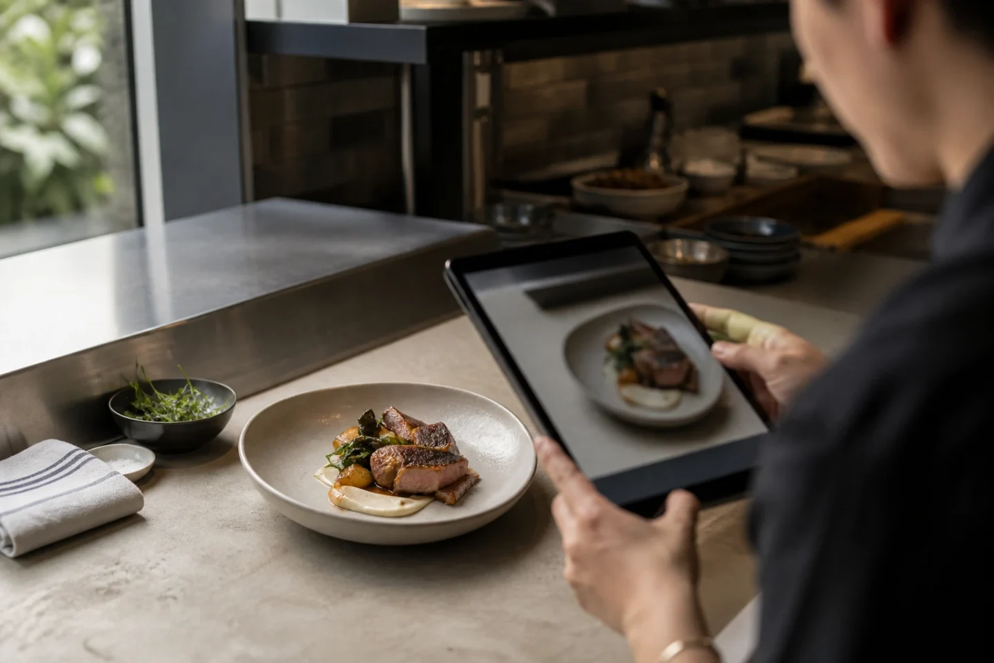 A plated dish prepared for a restaurant menu photograph in a working kitchen.