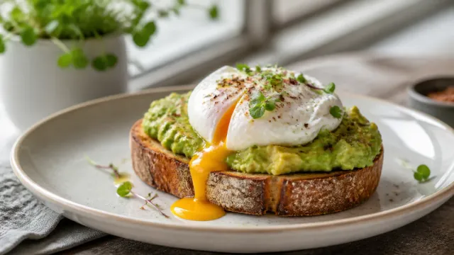 Avocado toast topped with a poached egg.