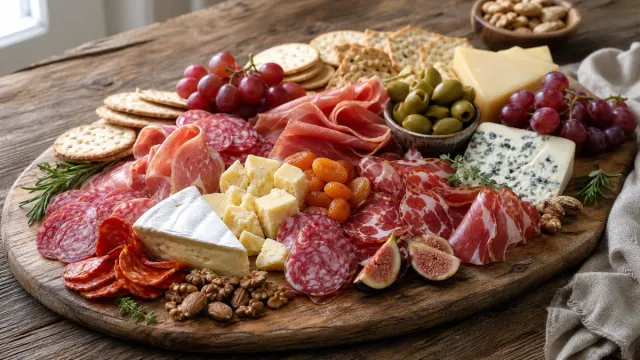 A platter of cheeses, cured meats and olives.
