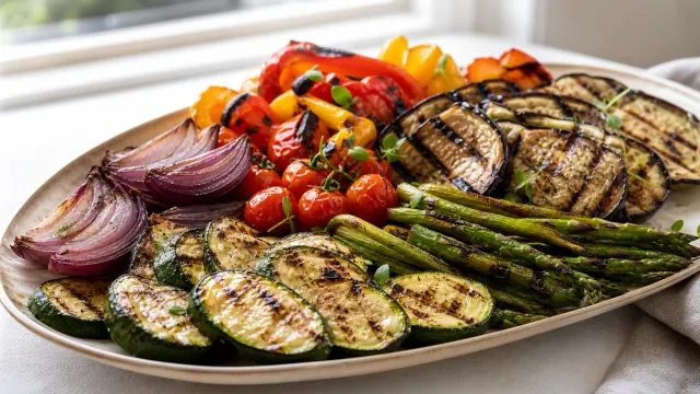 Grilled vegetables with asparagus on a white platter.