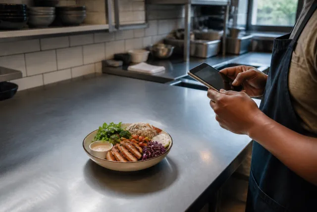 A plated dish prepared for a restaurant menu photograph in a working kitchen.