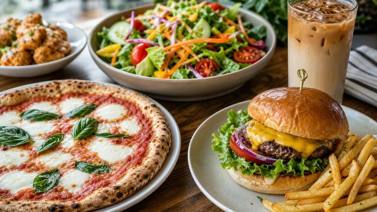 A burger, pizza and salad on a café table.