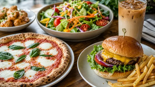A burger, pizza and salad on a café table.