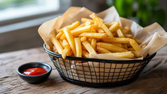 Golden fries in a metal serving basket.