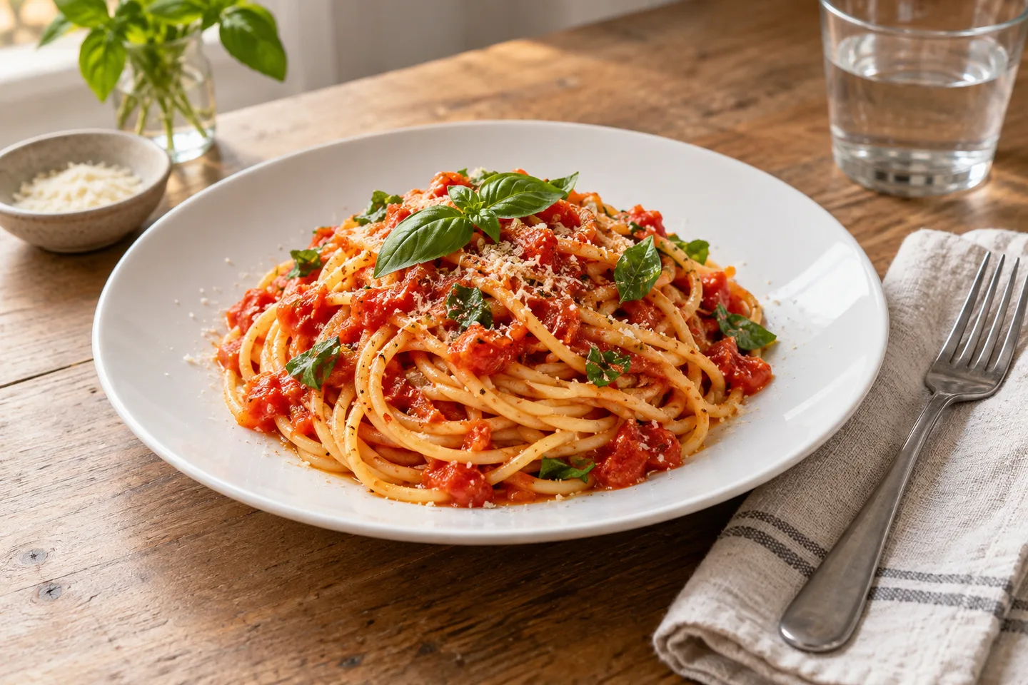 An honest generous portion of pasta with tomato sauce and basil on a simple white plate with a fork on a linen napkin