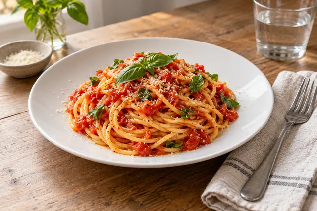 An honest generous portion of pasta with tomato sauce and basil on a simple white plate with a fork on a linen napkin