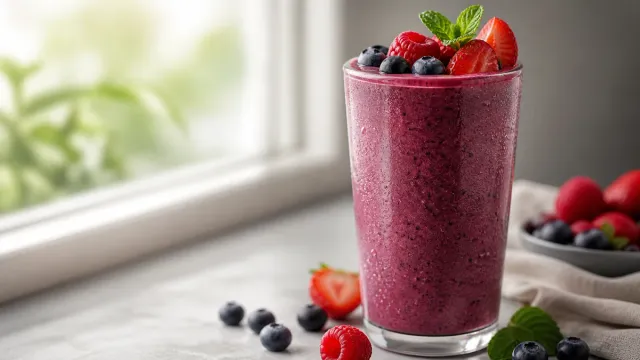 A berry smoothie in a tall glass.