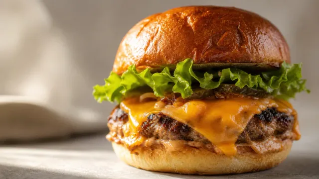 A cheeseburger photographed at table height.