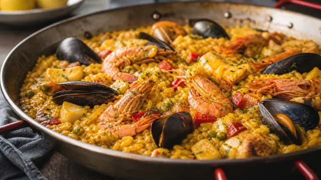 A pan of seafood paella.