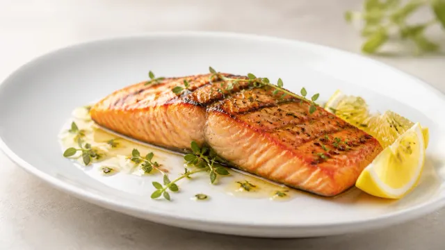 Grilled salmon on a pale plate with a lemon wedge.
