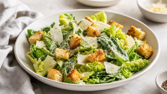 A Caesar-style salad in a white bowl.