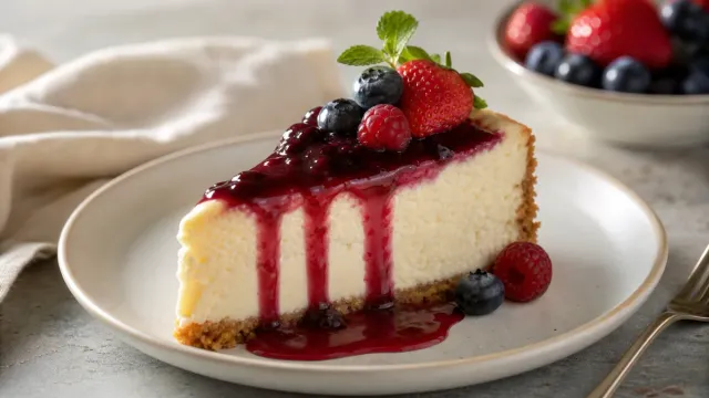 A slice of cheesecake topped with berries.