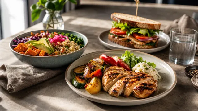 A dining table with sandwiches and colorful bowls.