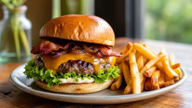 A burger and fries on a warm café table.