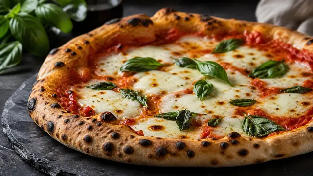 A margherita pizza with fresh basil.