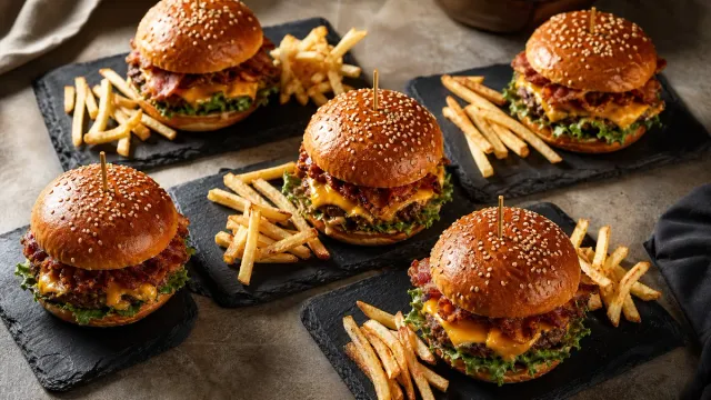 Burgers and fries served together on a dark tabletop.