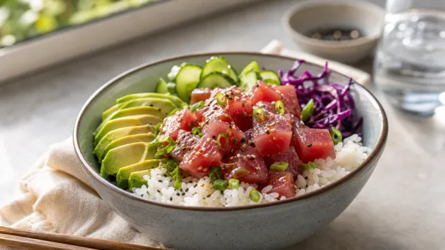 A colorful bowl of rice, avocado and fresh vegetables.