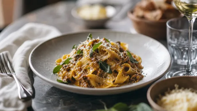Pasta with herbs and grated cheese in window light.