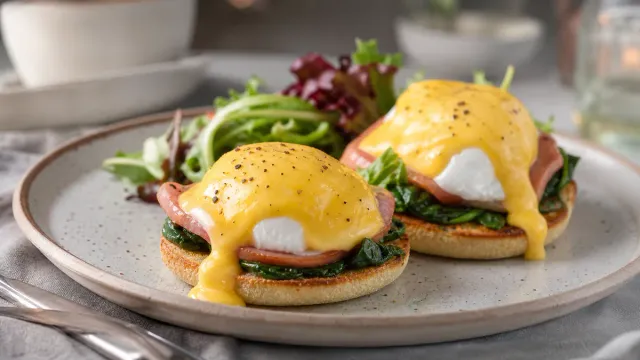 Eggs Benedict served on toast with greens.
