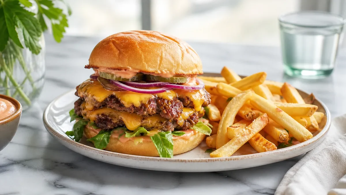 A burger with fries on a wooden board.