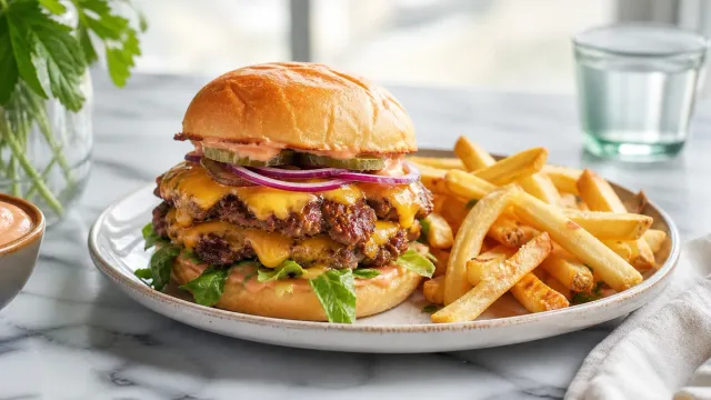 A burger with fries on a wooden board.