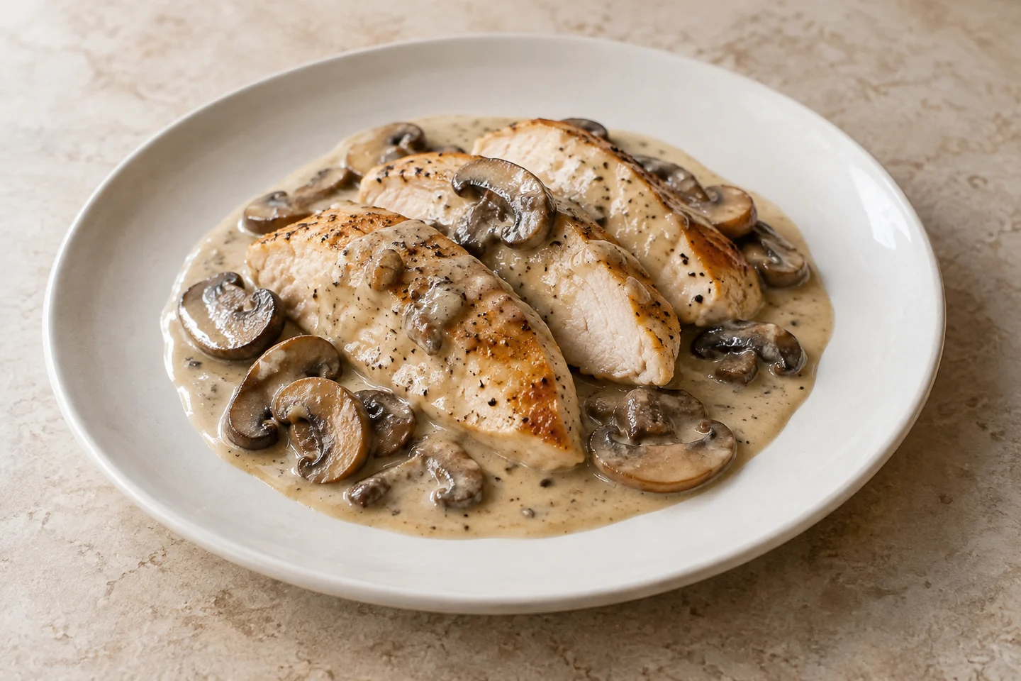 AI-generated illustration of chicken slices in mushroom cream sauce with visible ingredient boundaries and soft highlights