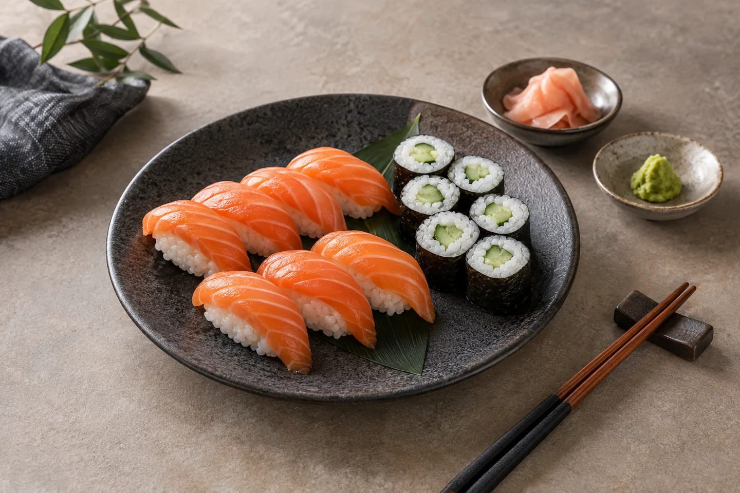 Editorial illustration of six salmon nigiri and six cucumber maki on a platter with side lighting and space for a menu crop.