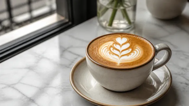 A cup of coffee with latte art beside a window.