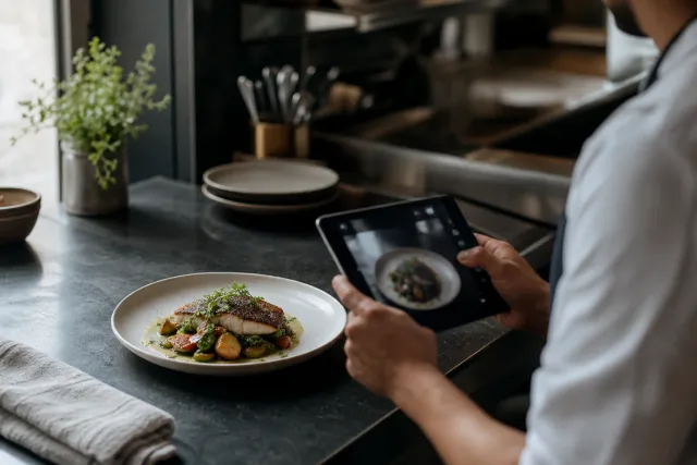 A plated restaurant dish being photographed with a mobile device.