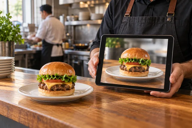 Manager comparing original and approved enhanced burger photo.