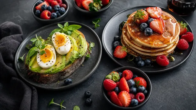 Pancakes and brunch bowls with berries and fresh produce.