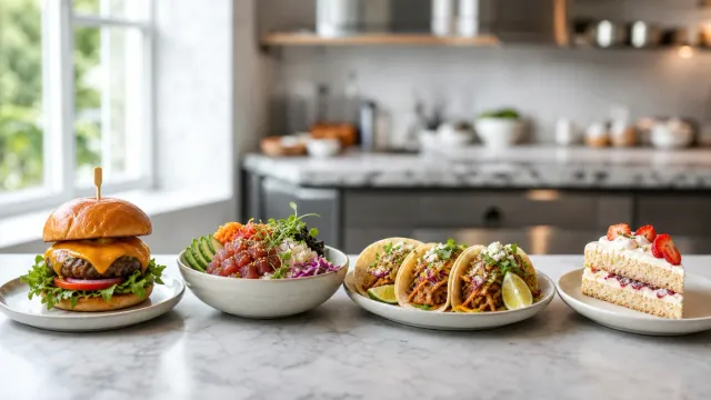 Several restaurant dishes lined up on a kitchen counter.