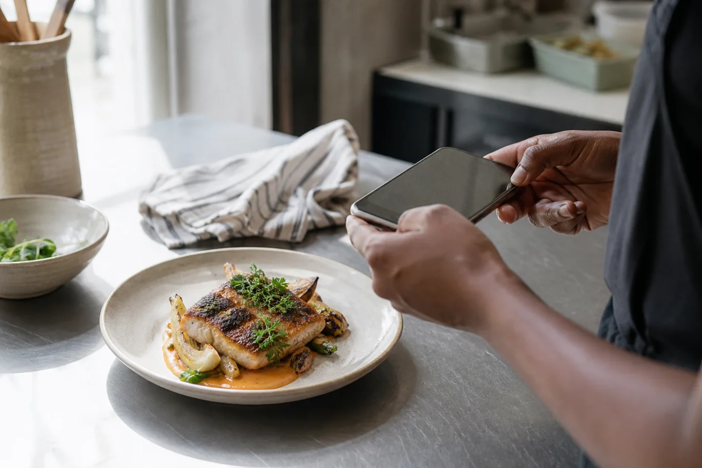 A plated dish being photographed for a restaurant menu in a working kitchen.