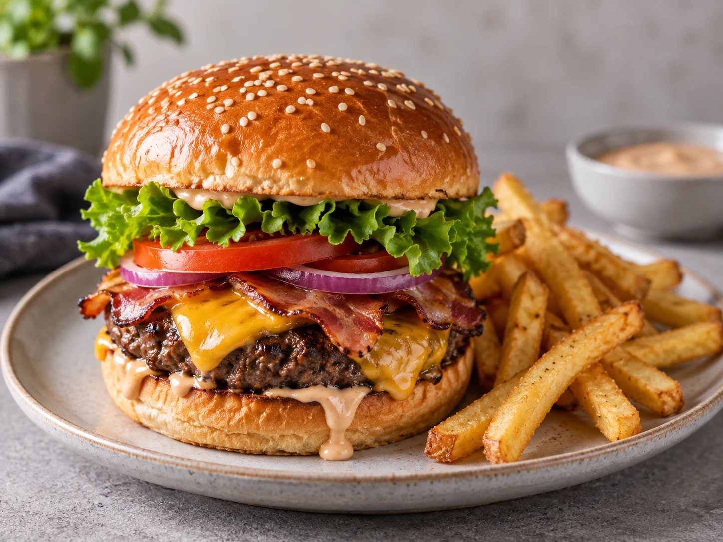 Burger photographed at 45 degrees with visible layers, soft side light and controlled shine.