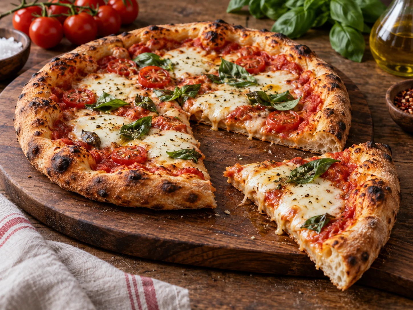 Pizza photographed from above and at slice height to show toppings and crust texture.